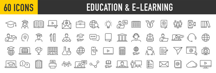 Set of 60 Education and e learning web icons in line style. School, university, success, academic, textbook, Distance learning collection. Vector illustration.