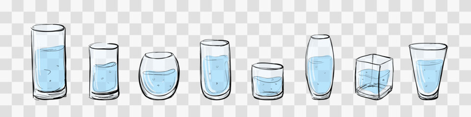 Set of sketch transparent water glasses in different shapes. Isolated.