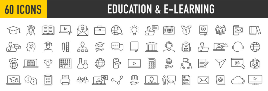 Set of 60 Education and e learning web icons in line style. School, university, success, academic, textbook, Distance learning collection. Vector illustration.