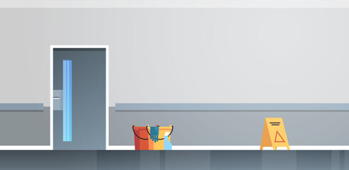Cleaning equipments and caution wet floor sign modern corridor interior concept flat vector illustration.