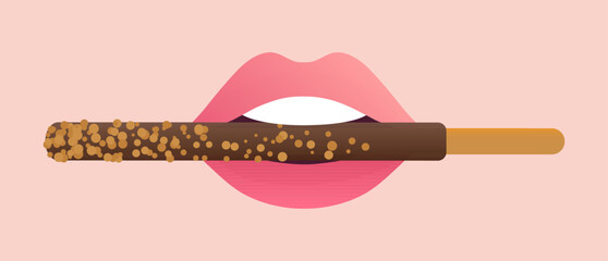 Chocolate dipped pepero stick in pink lips vector illustration isolated on background. Celebration card for Pepero day. Flat cartoon style