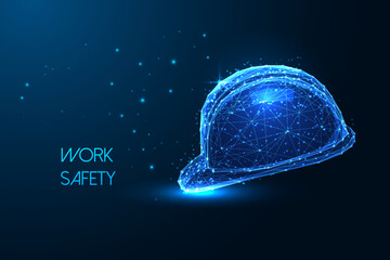 Concept of work safety with safety construction helmet in futuristic polygonal style on dark blue