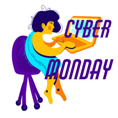 Online shopping of cyber monday sale from laptop. Cartoon women character, business concept for web. Girl sits on a chair with laptop, works, reading news. Special offer, promotion, big seasonal sale.