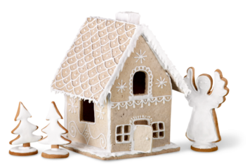Homemade gingerbread house on brown background