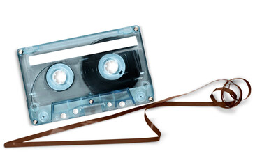 Close up of vintage audio tape cassette isolated on white with