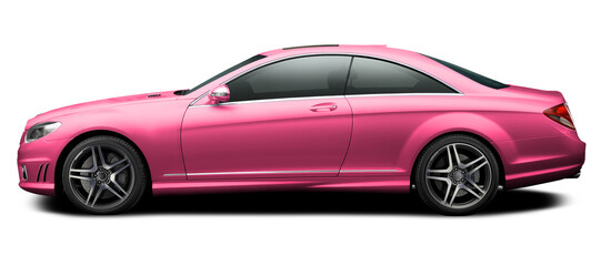 Modern pink car coupe side view isolated on white background.