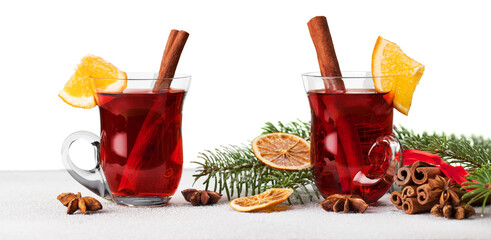 Fragrant mulled wine in glasses isolated on white