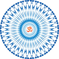 Openwork elegant mandala with aum, om, ohm sign in center. Spiritual symbol. Blue colors. Vector graphics.
