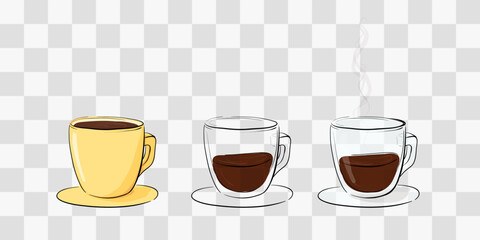 Set of cartoon coffee and tea cups. Yellow cup and and two transparent cups. Sketch, doodle. Isolated.