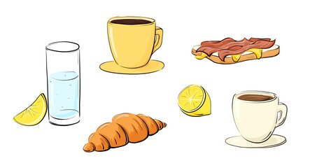 Cartoon breakfast set. Toast with cheese and bacon, coffee mug, water glass with lemon slice, fresh croissant, tea cup. Hand drawing sketch, doodle. Isolated.
