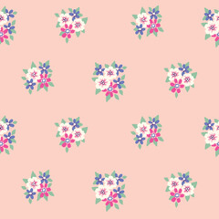 Seamless floral pattern, pretty girly ditsy print with mini flowers in bouquets on a pink background. Cute flower design with small hand drawn flowers, leaves, bouquets. Vector botanical illustration.