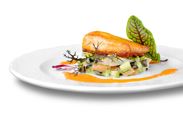 Grilled Salmon Steak  with Spinach, Tartare Cream and Lemon Wedges