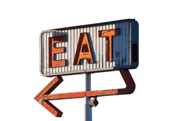 Retro neon eat arrow sign isolated.