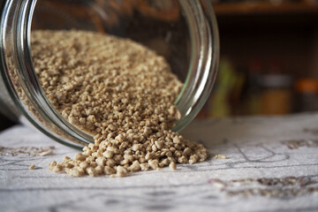 Turkish traditional food, tarhana in the jar. Fresh Turkish tarhana ready to making soup.