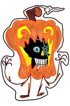 drawing of a pumpkin head in horror ate a human skull, halloween