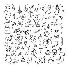 A set of Christmas elements for decoration. Isolated vector illustrations, hand-drawn in doodle style. Contour festive drawing.