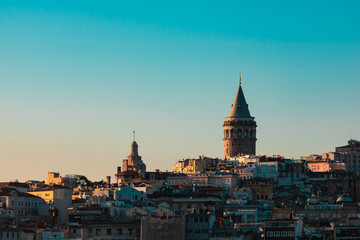 Galata Tower view at sunset. Travel to Istanbul background photo with copy space
