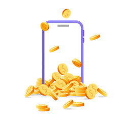 Golden dollar coins falling out from smartphone device screen banner3d vector design. Realistic render Mobile Phone with lot of money floating around isolated on white background. Casino, cash back, w