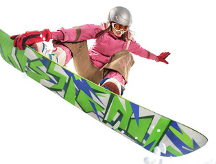 Snowboarder girl jumping through air with isolated background. Winter Sport transparent background. - 542279272