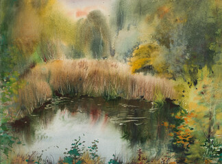 Watercolor-painted landscape with pond and forest