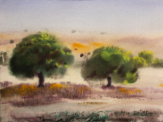 Watercolor-painted landscape with two trees