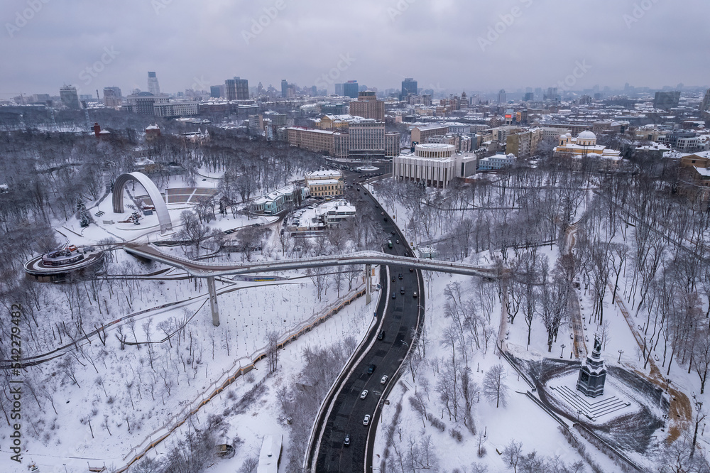 Wall mural Glass bridge in Kiev in snowy weather.