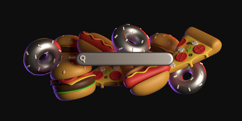 3D Rendering of search bar on the internet. fast food flying out of the cart on a black background. Minimal background for fast food and delivery concept. Search bar surrounded with floating elements.