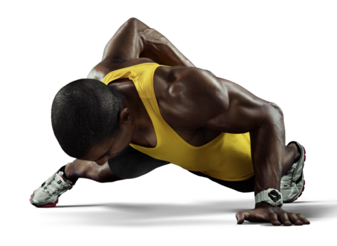 Young athletic man doing push-ups on transparent background. Muscular and strong guy exercising.	