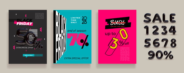 Black Friday Sale set of posters or flyers design with balloons numbers. Vector illustration. Place for text. Modern abstract design Black Friday typography for branding, website banner, card, flyer.