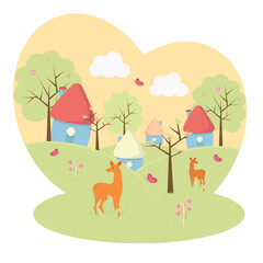 Obraz na płótnie Canvas Spring rural landscape with a farm, roe deer on meadows, fields. Rural community. Sunny day, blue sky, hills. Vector village countryside scene. Vector illustration in flat style.
