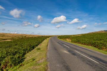 Fototapeta na wymiar A Road in Dartmoor National Park in Devon, with a Blue Sky Overhead