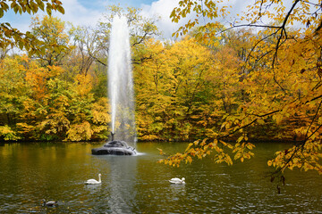 Autumn colors in the National Dendrology Park of Sofiyivka, Fountain "Snake", Uman, Ukraine.