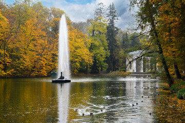 Autumn colors in the National Dendrology Park of Sofiyivka, Fountain "Snake", Uman, Ukraine.