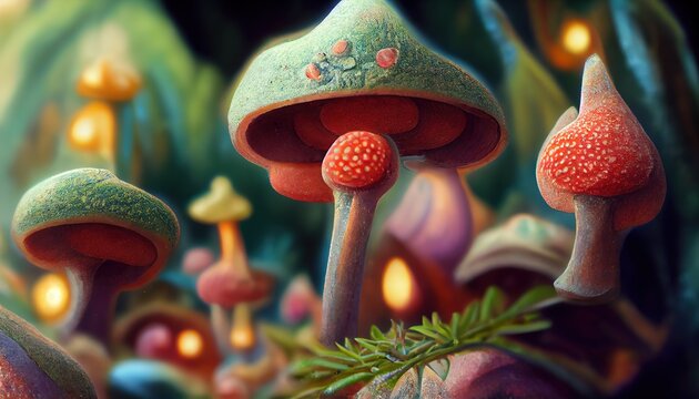 Magic landscape with fairy tale mushrooms. Enchanted forest meadow with fantasy inedible fungus growing during misty night