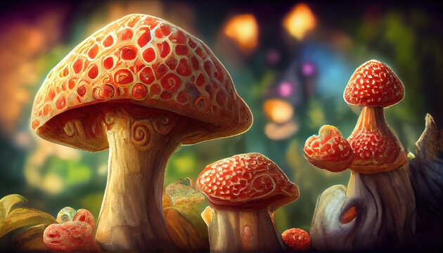 Magic landscape with fairy tale mushrooms. Enchanted forest meadow with fantasy inedible fungus growing during misty night