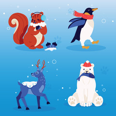 hand drawn flat winter animals collection vector design illustration