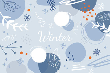Fototapeta na wymiar Trendy winter background with leaves, snowflakes, geometric shapes, textures, strokes, abstract and floral decor elements. Vector illustration in doodle style. Modern design. Modern background.