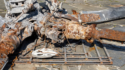 Detail of the Mi-24 helicopter. Remains of a destroyed Russian Air Force combat helicopter Hind...