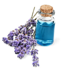Pile of lavender flowers and a dropper bottle with lavender essence