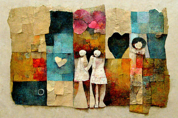 Couple and child hapiness and love torn paper art