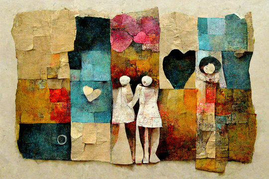 Naklejki Couple and child hapiness and love torn paper art
