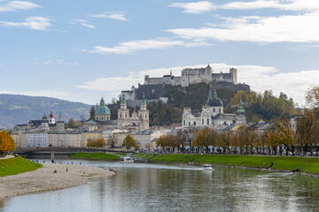 Salzburg Hohensalzburg fortress on the top of the mountain, the largest fortification in Europe, river; Austria, Salzburg, October 28, 2022.