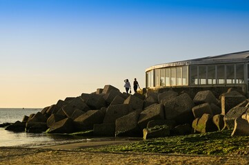 Stained glass structure with cliff at dawn in Pesaro in the Marche region