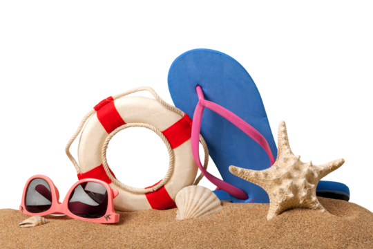 Eyeglasses, sea star and flip flops on sand isolated on white