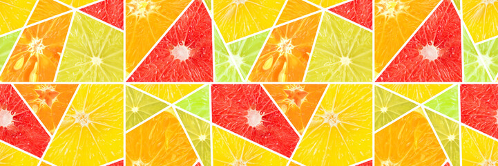 Wide seamless pattern fresh ripe sliced oranges, lemons, tangerines and grapefruits.