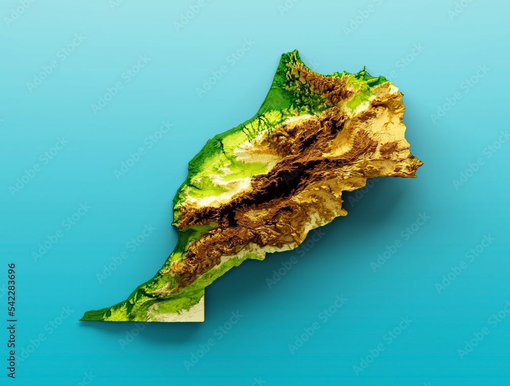 Poster 3d rendering of a height map of morocco with shaded relief
