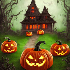 An Illustration of an old haunted house and a pumpkin jack-o'-lantern in front of it surrounded many by trees in a dark forest