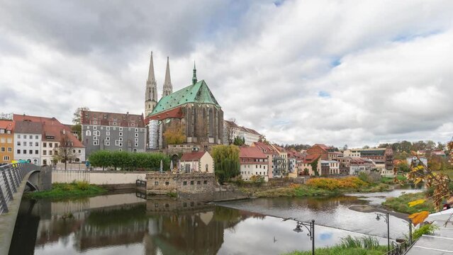 Gorlitz, Germany. View of Peterskirche church and buildings of old town - time lapse video

