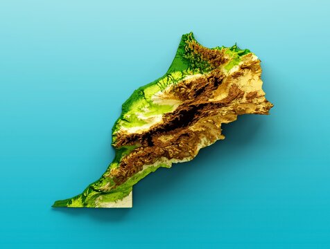 3D rendering of a height map of Morocco with shaded relief