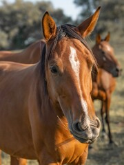 Obraz premium Closeup of the reddish horse (Equus ferus caballus) with the white mane on the forehead in the park
